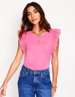 Nightwear & Lougewear | T-Shirts & Tanks-Boden Belle Broderie Sleeve Top-Pink Rose PinkRose