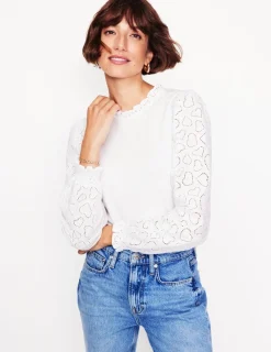 T-Shirts & Tanks | Tops & Blouses-Boden Broderie Sleeve Frill Neck Top- White
