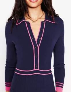 Dresses & Jumpsuits | Midi-Boden Collared Pleated Knitted Dress-Navy/Pink Colourblock Navy/PinkColourblock