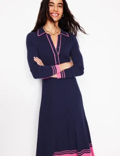 Dresses & Jumpsuits | Midi-Boden Collared Pleated Knitted Dress-Navy/Pink Colourblock Navy/PinkColourblock