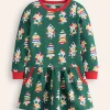 Dresses-Boden Cosy Printed Sweatshirt Dress-Jewel Green Christmas Trees JewelGreenChristmasTrees