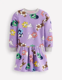 Dresses-Boden Cosy Printed Sweatshirt Dress-Aster Purple Flower Cat AsterPurpleFlowerCat