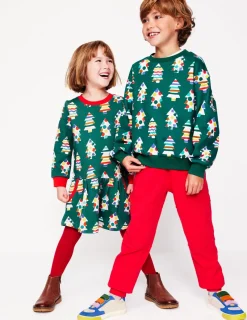 Dresses-Boden Cosy Printed Sweatshirt Dress-Jewel Green Christmas Trees JewelGreenChristmasTrees