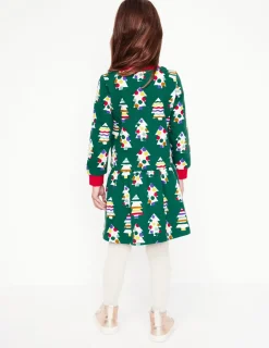Dresses-Boden Cosy Printed Sweatshirt Dress-Jewel Green Christmas Trees JewelGreenChristmasTrees