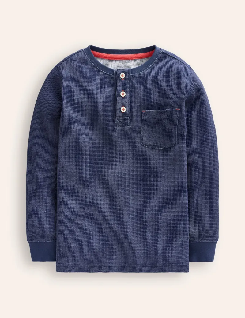 Tops, T-Shirts & Polos-Boden Cosy Waffle Henley T-Shirt-College Navy Marl CollegeNavyMarl