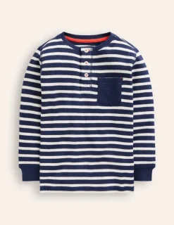 Tops, T-Shirts & Polos-Boden Cosy Waffle Henley T-Shirt-College Navy and Ivory Stripe CollegeNavyandIvoryStripe