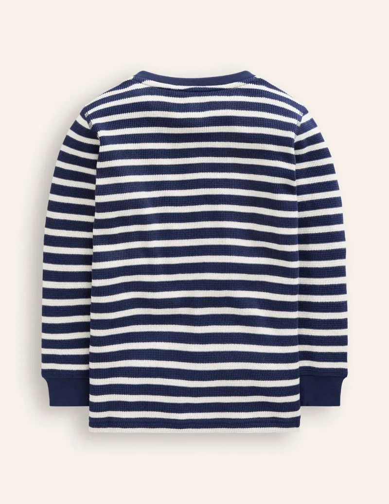 Tops, T-Shirts & Polos-Boden Cosy Waffle Henley T-Shirt-College Navy and Ivory Stripe CollegeNavyandIvoryStripe