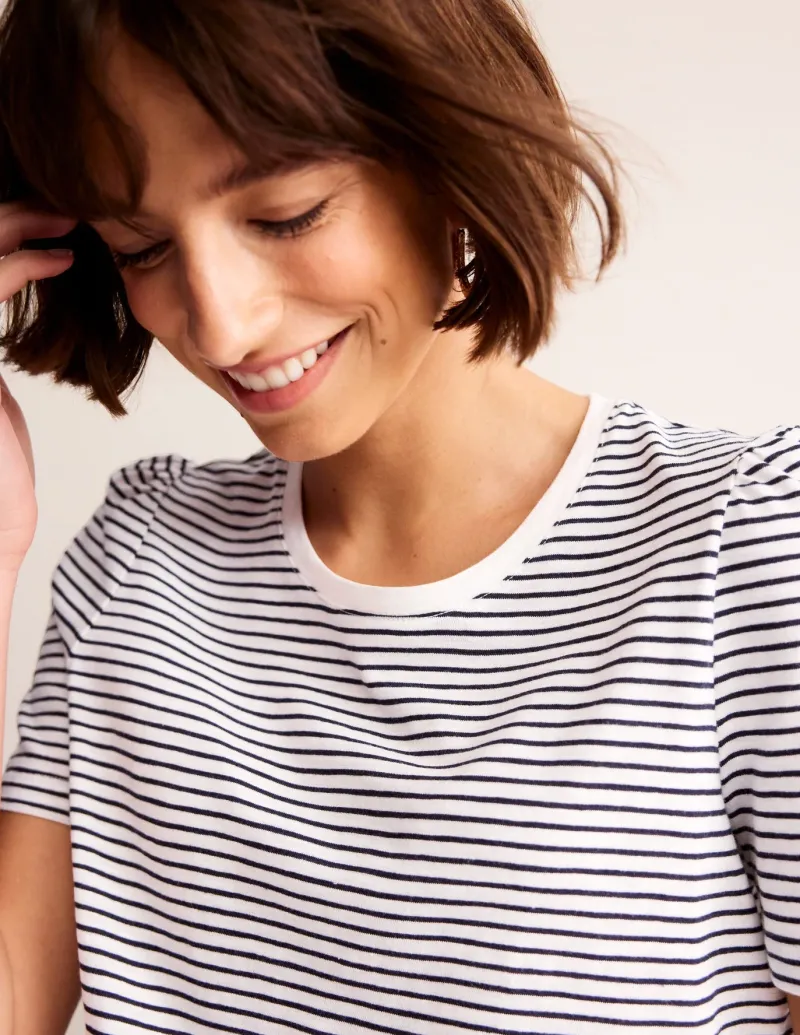 Nightwear & Lougewear | T-Shirts & Tanks-Boden Cotton Puff Sleeve T-Shirt-Ivory, Navy Stripe Ivory,NavyStripe