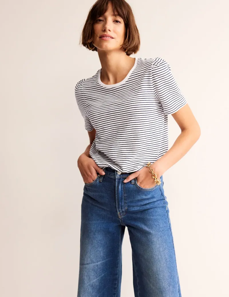 Nightwear & Lougewear | T-Shirts & Tanks-Boden Cotton Puff Sleeve T-Shirt-Ivory, Navy Stripe Ivory,NavyStripe
