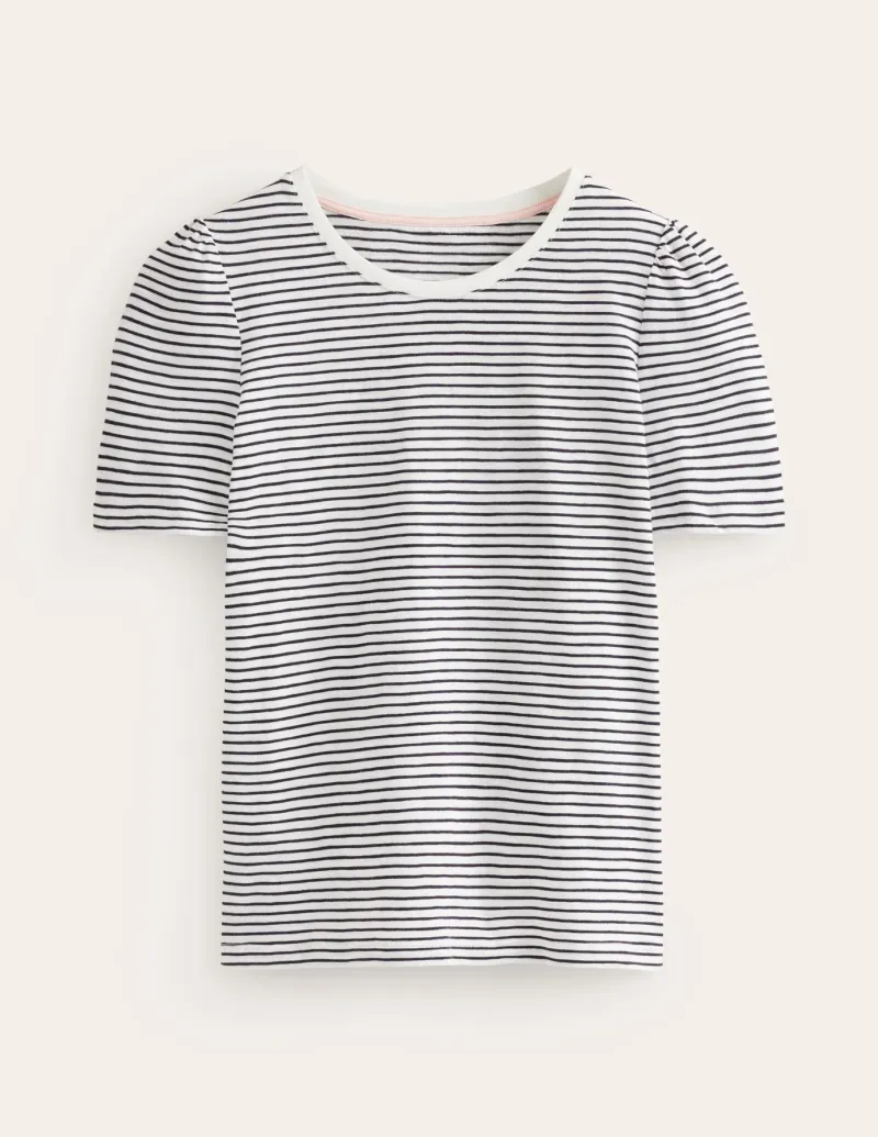 Nightwear & Lougewear | T-Shirts & Tanks-Boden Cotton Puff Sleeve T-Shirt-Ivory, Navy Stripe Ivory,NavyStripe