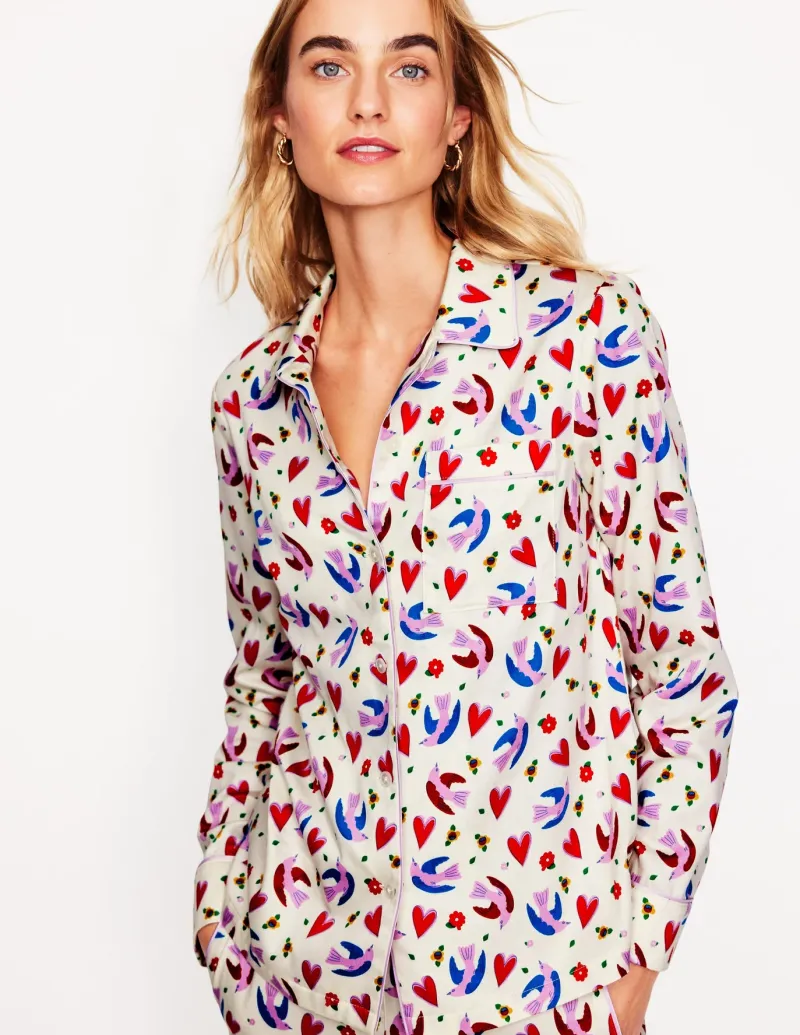 Nightwear & Lougewear-Boden Cotton Sateen Pajama Shirt-Ivory, Heart Flutter Ivory,HeartFlutter