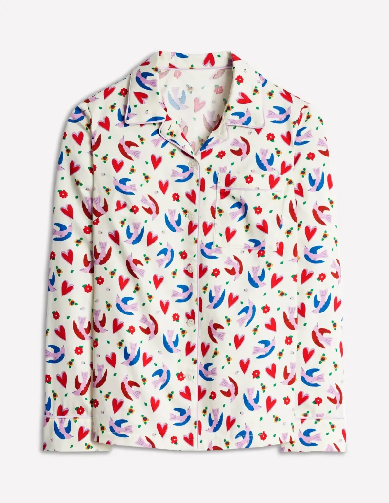 Nightwear & Lougewear-Boden Cotton Sateen Pajama Shirt-Ivory, Heart Flutter Ivory,HeartFlutter