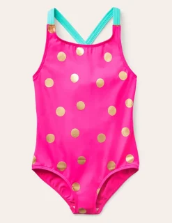Swimwear & Beachwear-Boden Cross-Back Printed Swimsuit-Fuchsia Pink, Gold Foil Spot FuchsiaPink,GoldFoilSpot