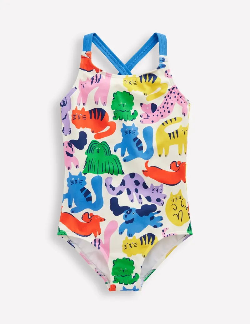 Swimwear & Beachwear-Boden Cross-Back Printed Swimsuit-Multi Oatmeal Rainbow Pets MultiOatmealRainbowPets