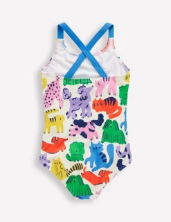 Swimwear & Beachwear-Boden Cross-Back Printed Swimsuit-Multi Oatmeal Rainbow Pets MultiOatmealRainbowPets