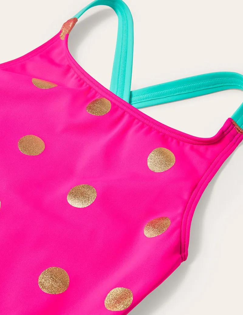 Swimwear & Beachwear-Boden Cross-Back Printed Swimsuit-Fuchsia Pink, Gold Foil Spot FuchsiaPink,GoldFoilSpot