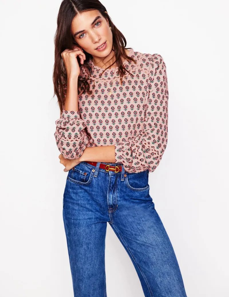 T-Shirts & Tanks | Tops & Blouses-Boden Daisy Long Sleeve Top-Milkshake, Camellia Stamp Milkshake,CamelliaStamp