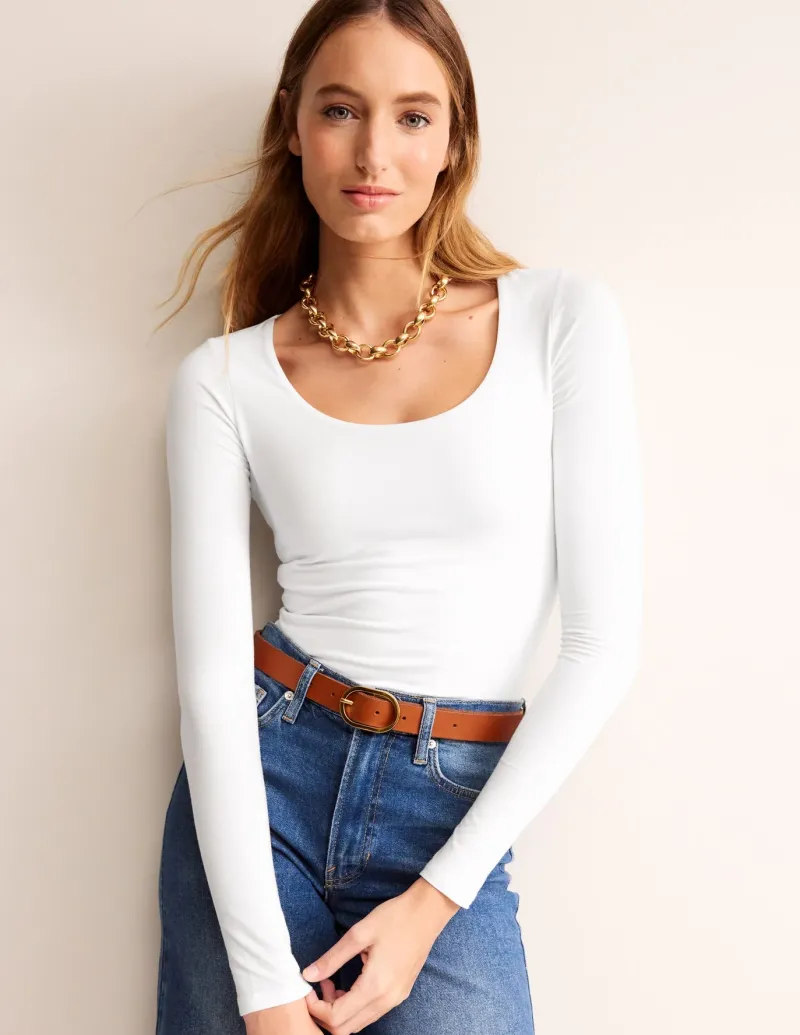 T-Shirts & Tanks | Tops & Blouses-Boden Double Layer Scoop Long Sleeve- White