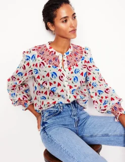 Tops & Blouses-Boden Effie Smocked Blouse-Ivory, Heart Flutter Ivory,HeartFlutter