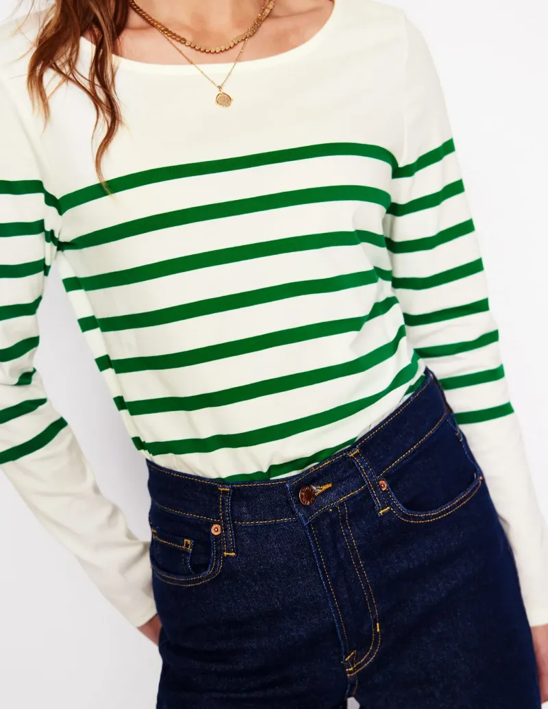 T-Shirts & Tanks | Tops & Blouses-Boden Ella Long Sleeve Breton-Ivory, Rich Emerald Ivory,RichEmerald