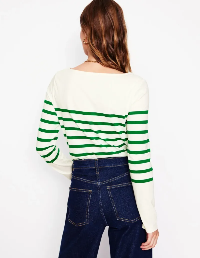 T-Shirts & Tanks | Tops & Blouses-Boden Ella Long Sleeve Breton-Ivory, Rich Emerald Ivory,RichEmerald