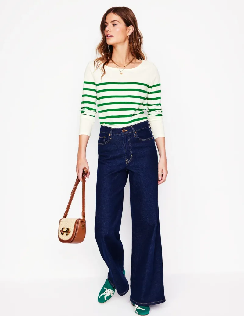 T-Shirts & Tanks | Tops & Blouses-Boden Ella Long Sleeve Breton-Ivory, Rich Emerald Ivory,RichEmerald