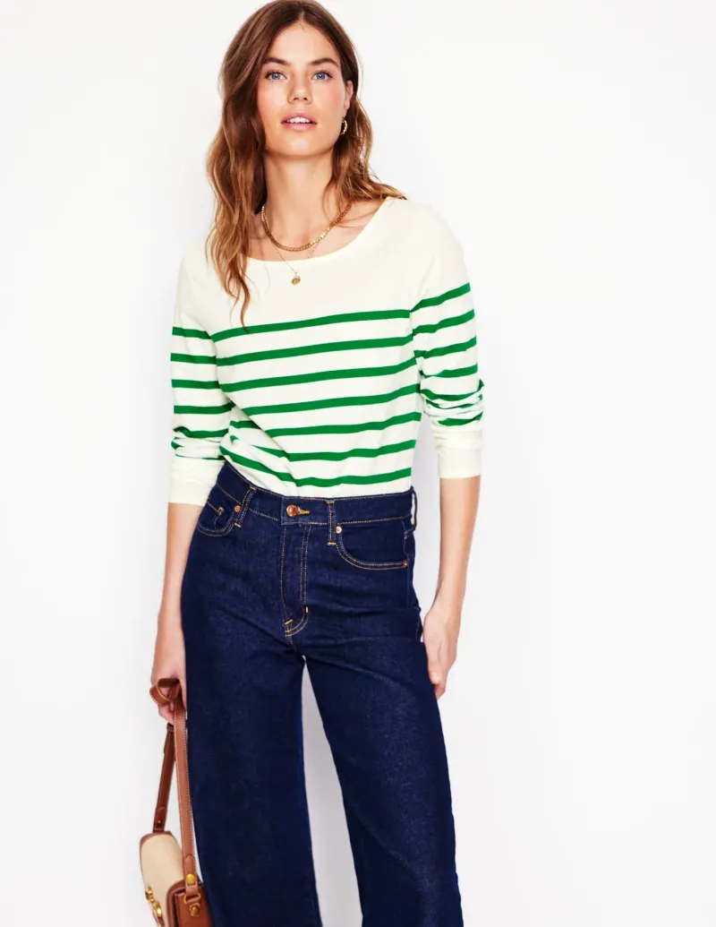 T-Shirts & Tanks | Tops & Blouses-Boden Ella Long Sleeve Breton-Ivory, Rich Emerald Ivory,RichEmerald