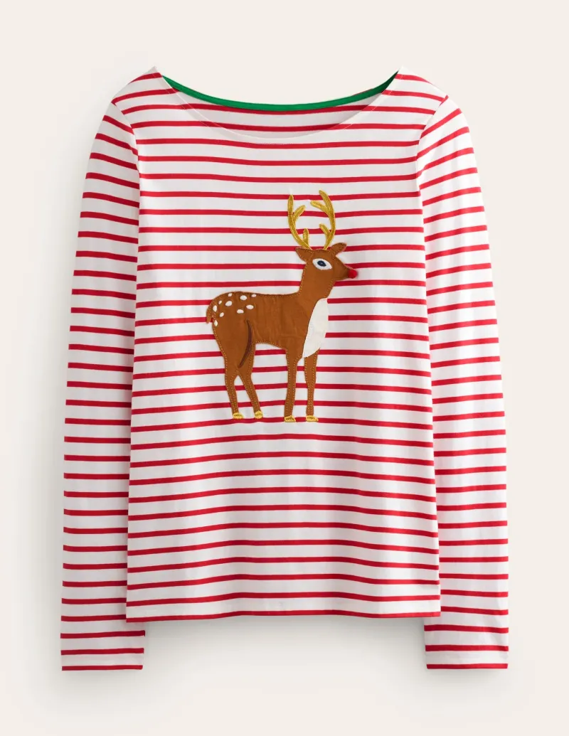 T-Shirts & Tanks | Tops & Blouses-Boden Ella Long Sleeve Breton-Red, Reindeer Stripe Red,ReindeerStripe