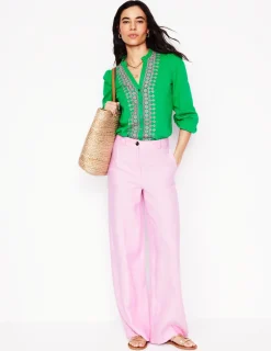 T-Shirts & Tanks | Tops & Blouses-Boden Embroidered Frill Neck Blouse-Rich Emerald RichEmerald