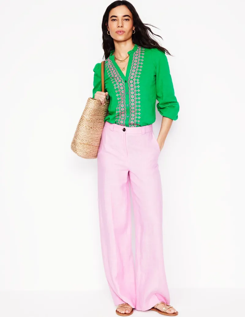T-Shirts & Tanks | Tops & Blouses-Boden Embroidered Frill Neck Blouse-Rich Emerald RichEmerald