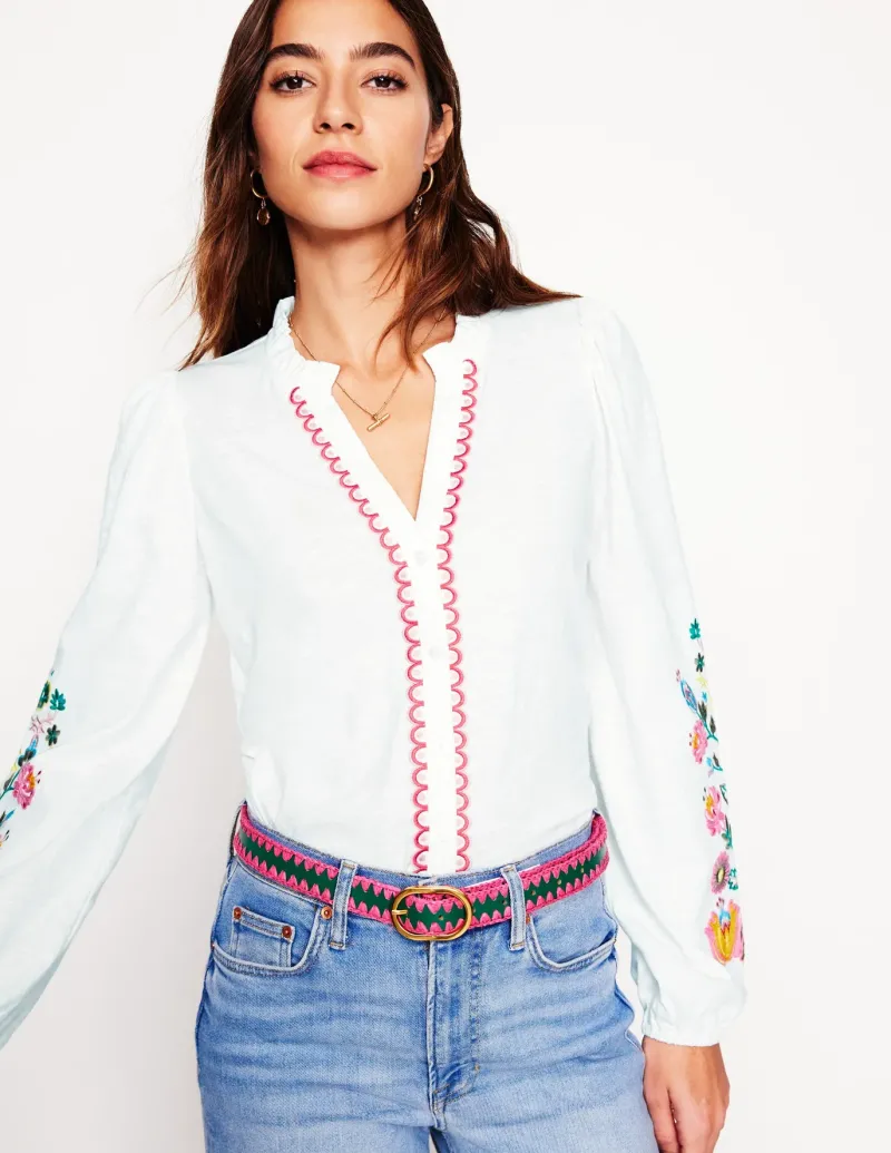 T-Shirts & Tanks | Tops & Blouses-Boden Embroidered Frill Neck Blouse-White, Multi Floral Embroidery White,MultiFloralEmbroidery