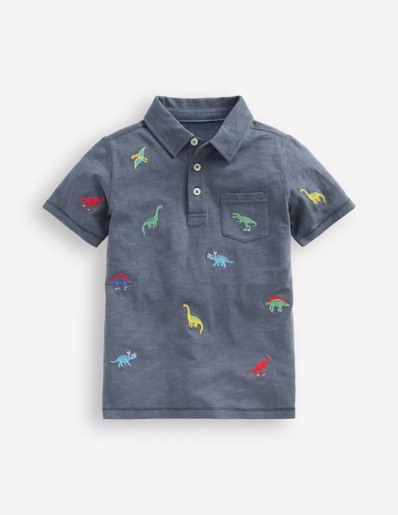 Tops, T-Shirts & Polos-Boden Embroidered Slub Polo Shirt-Multi Dinosaurs MultiDinosaurs