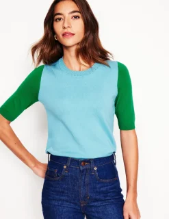 Nightwear & Lougewear | Sweaters & Cardigans-Boden Emilia Cotton Crew T-shirt-Duck Egg Blue / Rich Emerald