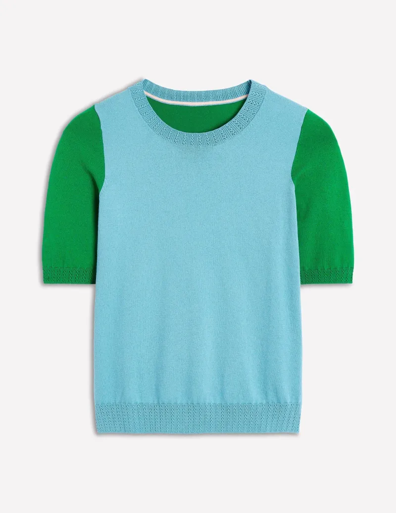 Nightwear & Lougewear | Sweaters & Cardigans-Boden Emilia Cotton Crew T-shirt-Duck Egg Blue / Rich Emerald