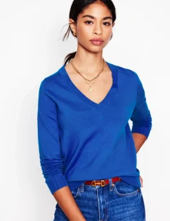 Sweaters & Cardigans-Boden Emilia Cotton V Neck Sweater-Bright Blue BrightBlue