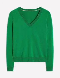 Sweaters & Cardigans-Boden Emilia Cotton V Neck Sweater- GREEN