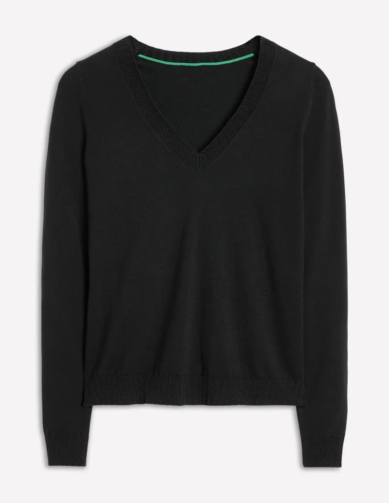Sweaters & Cardigans-Boden Emilia Cotton V Neck Sweater- Black