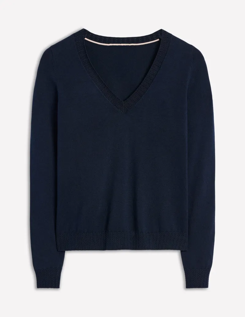 Sweaters & Cardigans-Boden Emilia Cotton V Neck Sweater- Navy