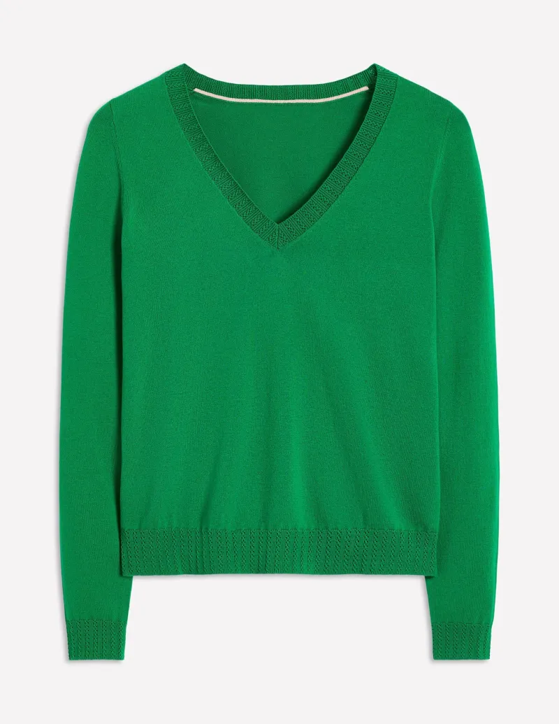 Sweaters & Cardigans-Boden Emilia Cotton V Neck Sweater- GREEN