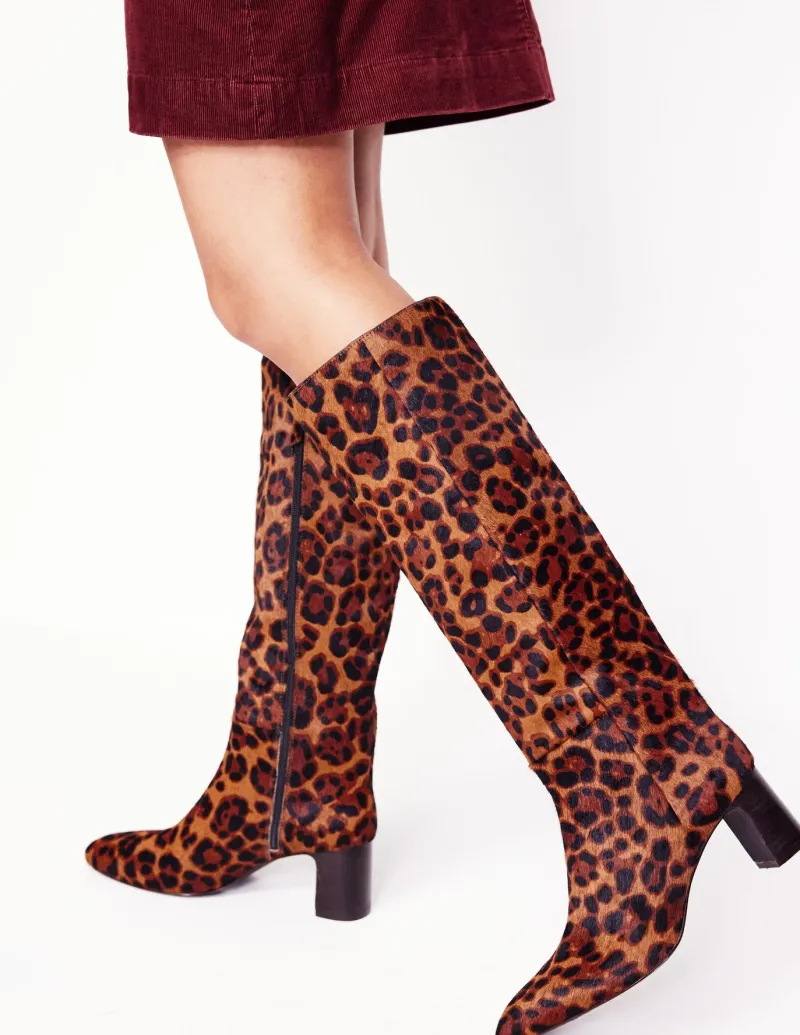 Boots | Heels-Boden Erica Knee High Leather Boots-Dark Classic Leopard DarkClassicLeopard