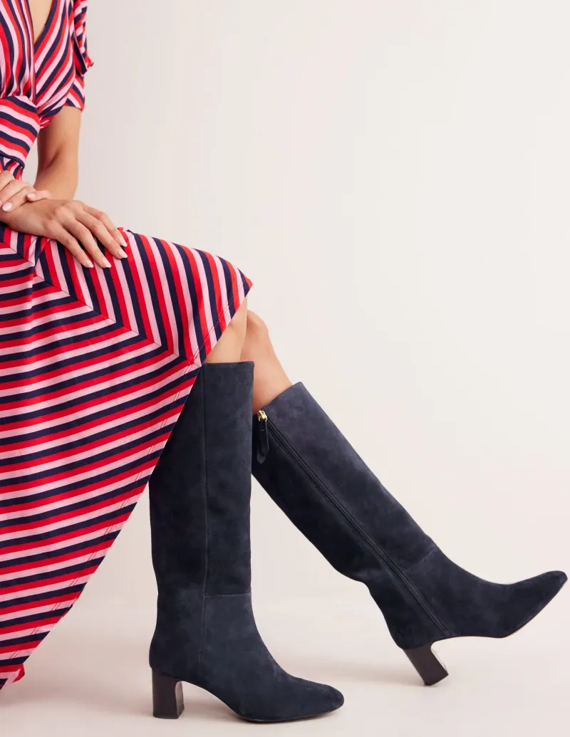Boots | Heels-Boden Erica Knee High Leather Boots-Navy Suede NavySuede