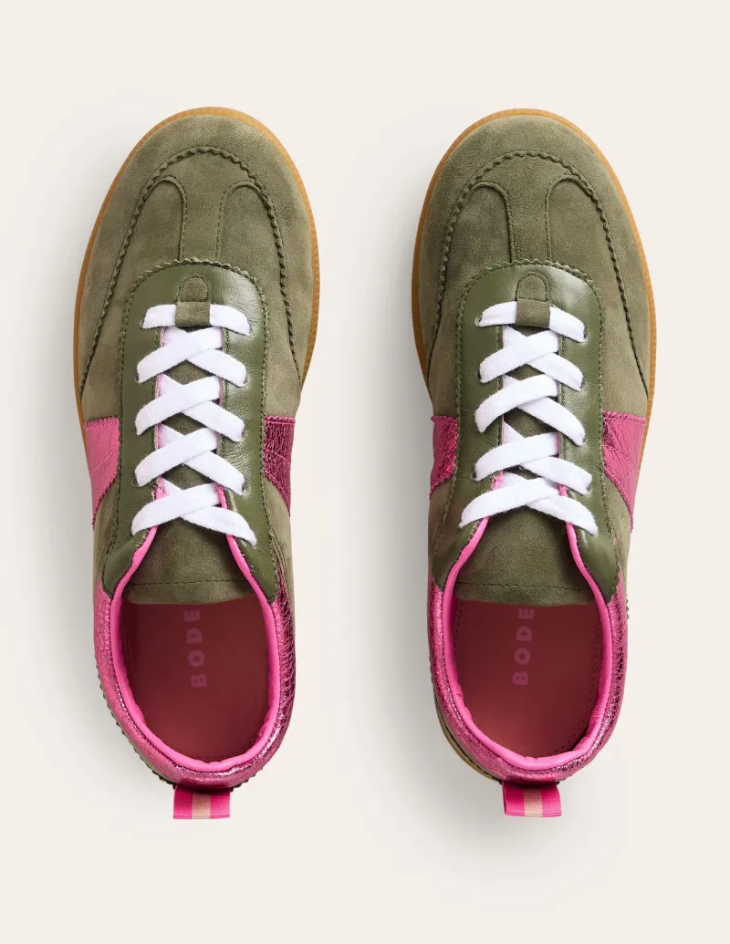 Flats | Nightwear & Lougewear-Boden Erin Retro Tennis Sneakers-Khaki/Bright Pink Khaki/BrightPink