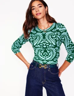 Sweaters & Cardigans-Boden Eva Cashmere Crew Neck Sweater-Pine Green, Decorative Flora PineGreen,DecorativeFlora