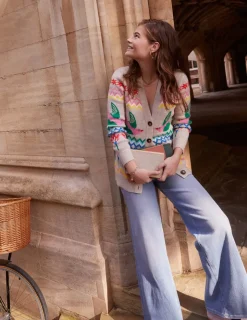 Sweaters & Cardigans-Boden Fair Isle Boyfriend Cardigan-Oatmeal Melange, Birds OatmealMelange,Birds