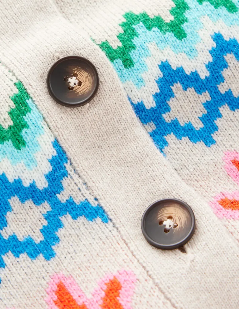 Sweaters & Cardigans-Boden Fair Isle Boyfriend Cardigan-Oatmeal Melange, Birds OatmealMelange,Birds