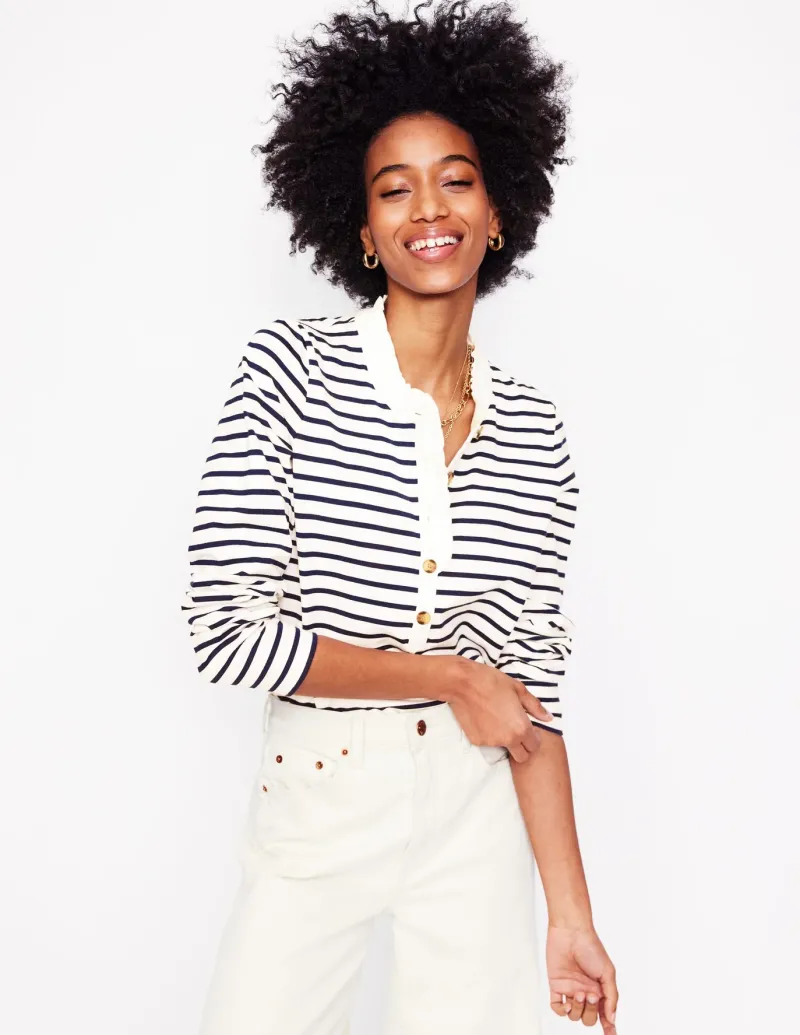 T-Shirts & Tanks | Tops & Blouses-Boden Frill Neck Breton Top-Ivory, Navy Ivory,Navy
