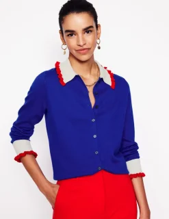 Sweaters & Cardigans-Boden Frilled Cotton Blend Cardigan-Bright Blue BrightBlue