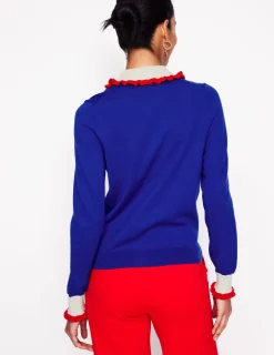 Sweaters & Cardigans-Boden Frilled Cotton Blend Cardigan-Bright Blue BrightBlue