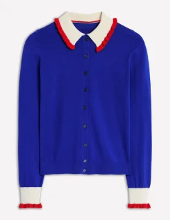Sweaters & Cardigans-Boden Frilled Cotton Blend Cardigan-Bright Blue BrightBlue