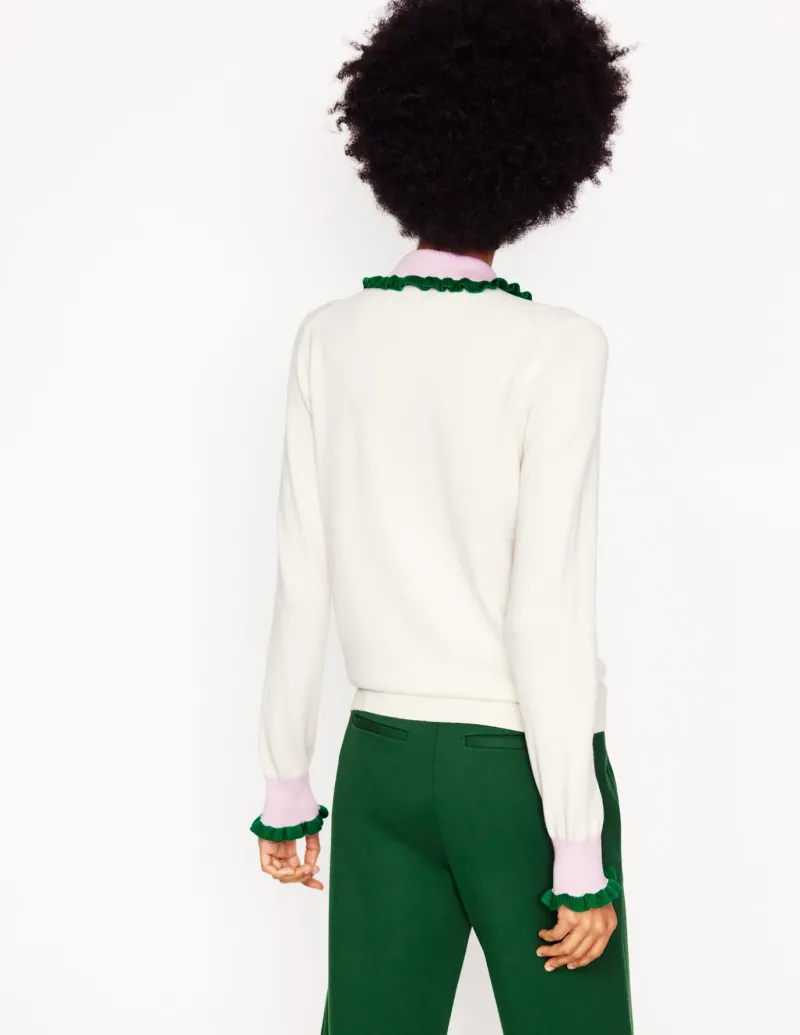 Sweaters & Cardigans-Boden Frilled Cotton Blend Sweater-Warm Ivory/ Soft Lavender Pink WarmIvory/SoftLavenderPink